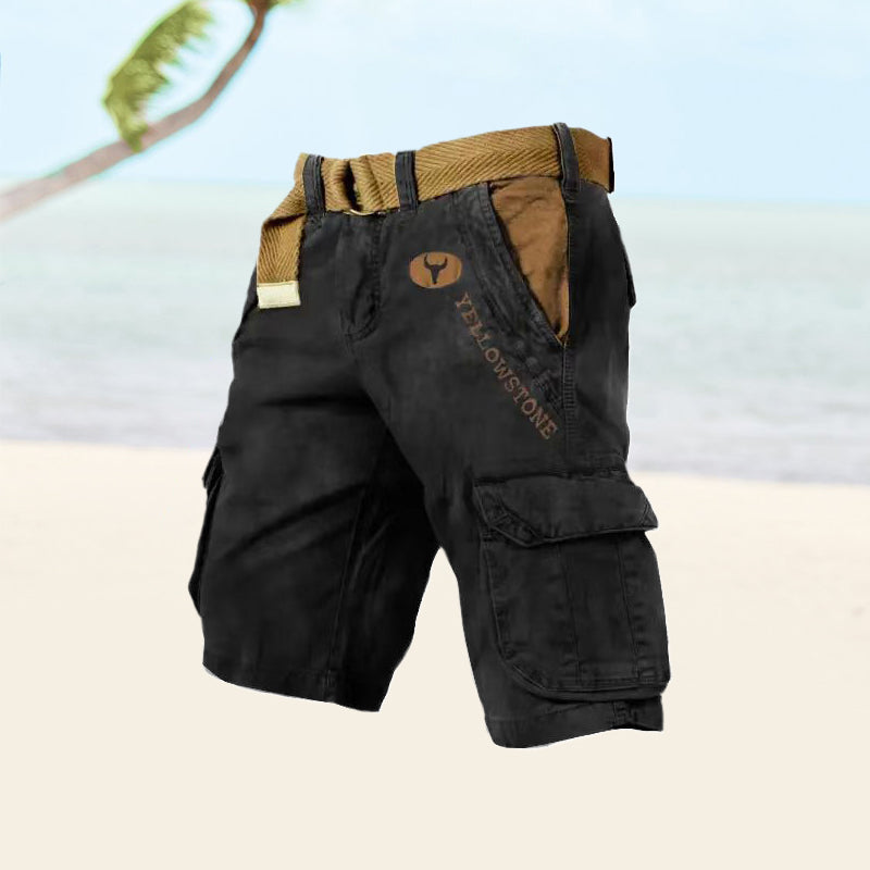 Men's Cargo Shorts Washed Cotton Belted Multi Pocket Relaxed Fit