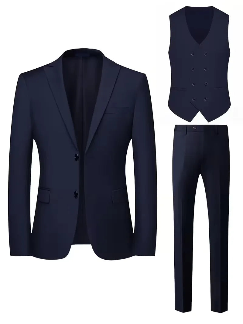Men's Three Piece Suit Woven Fabric Peak Lapel Double Breasted Waistcoat