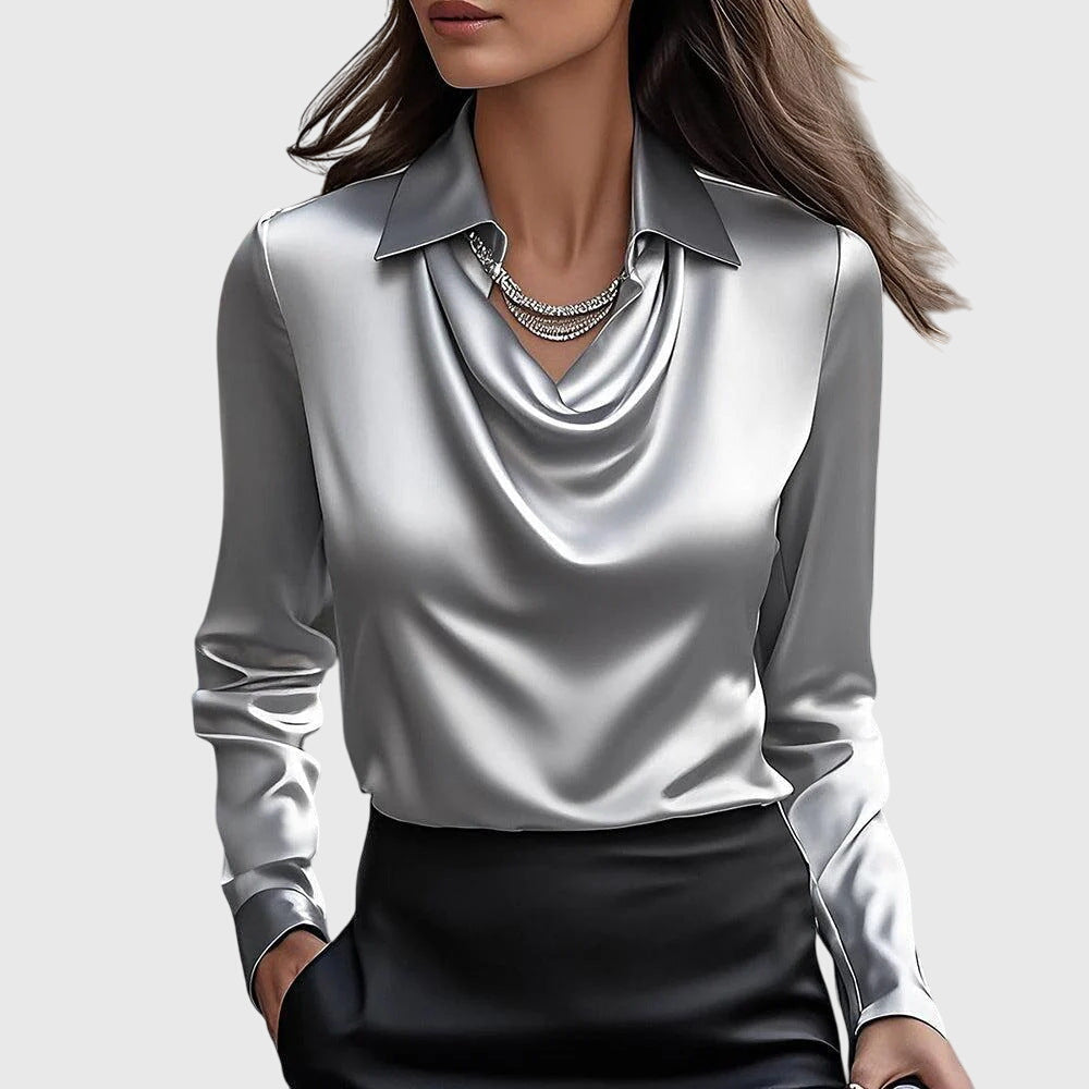 Women's Blouse Satin Cowl Neck Long Sleeve