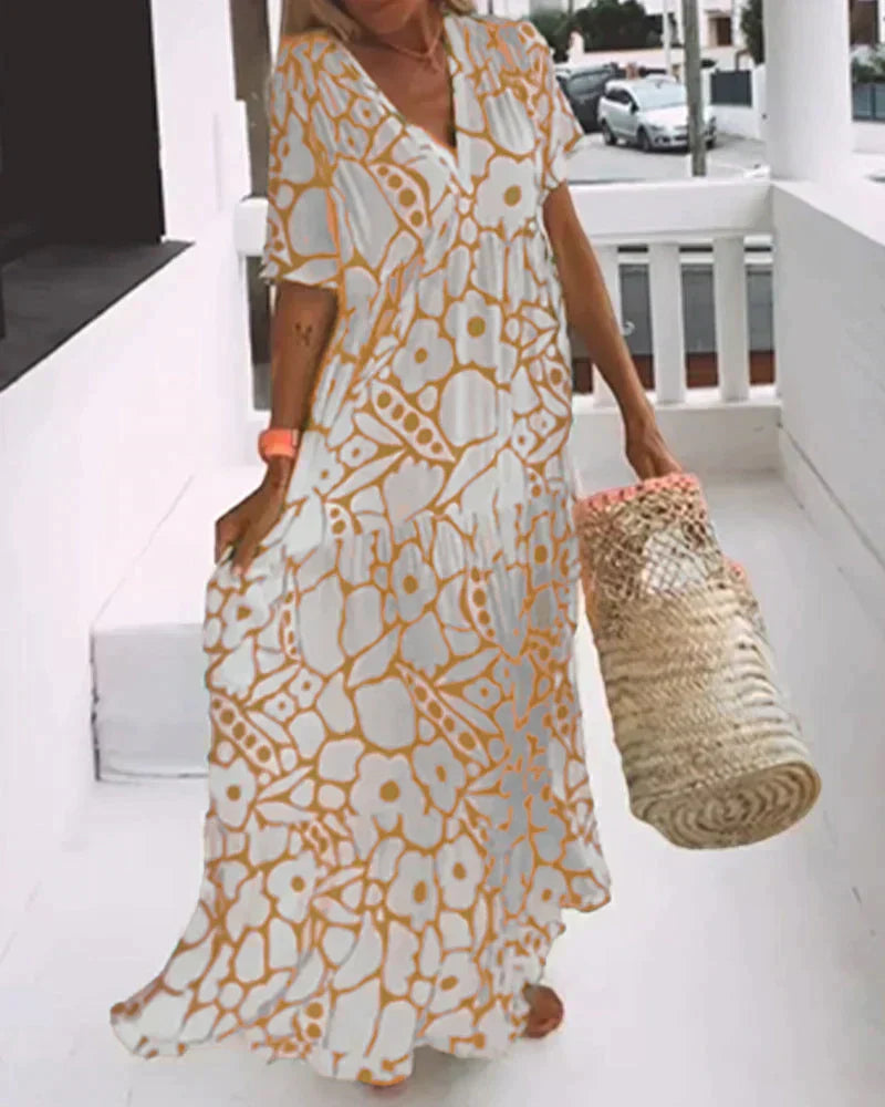 Women's Maxi Dress Woven Fabric V Neck Flutter Sleeve Relaxed Fit