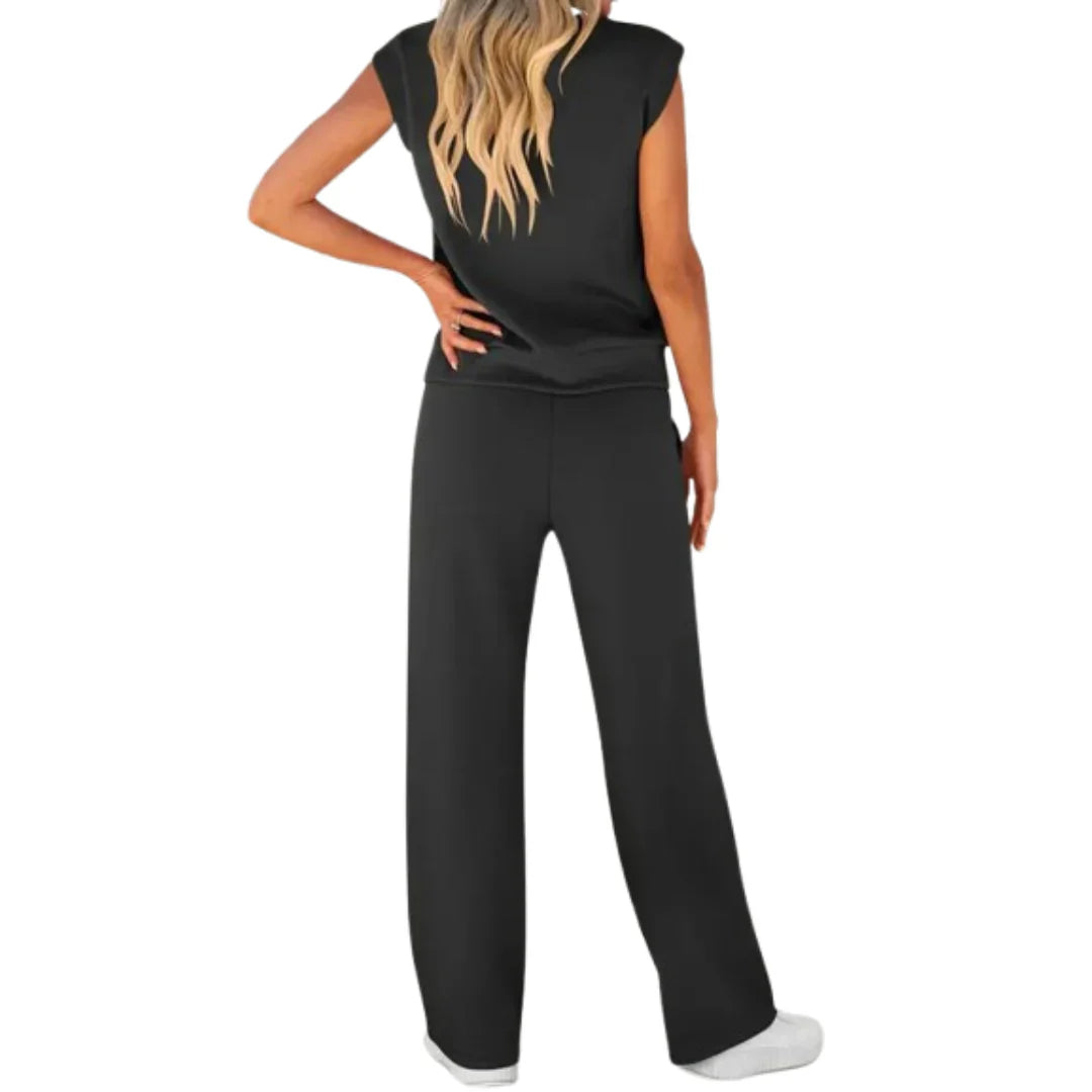 Sleeveless Crop Top Wide Leg Pants Co Ord Set Women Ribbed Fabric Drawstring Waist