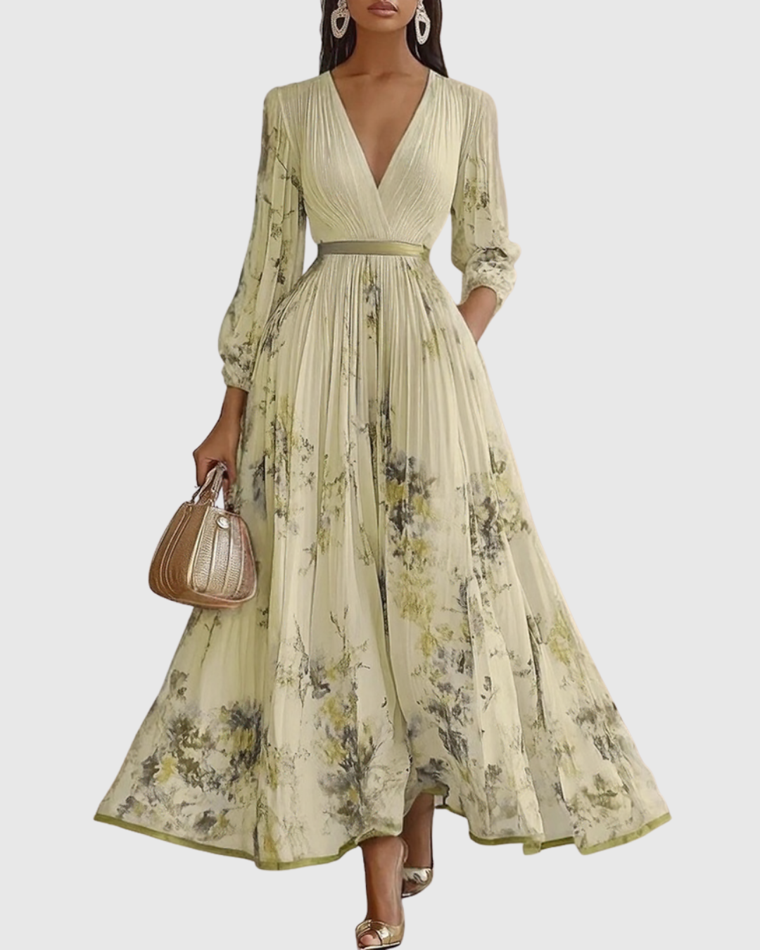 Women's Maxi Dress Cotton Pleated V Neck Floral Print