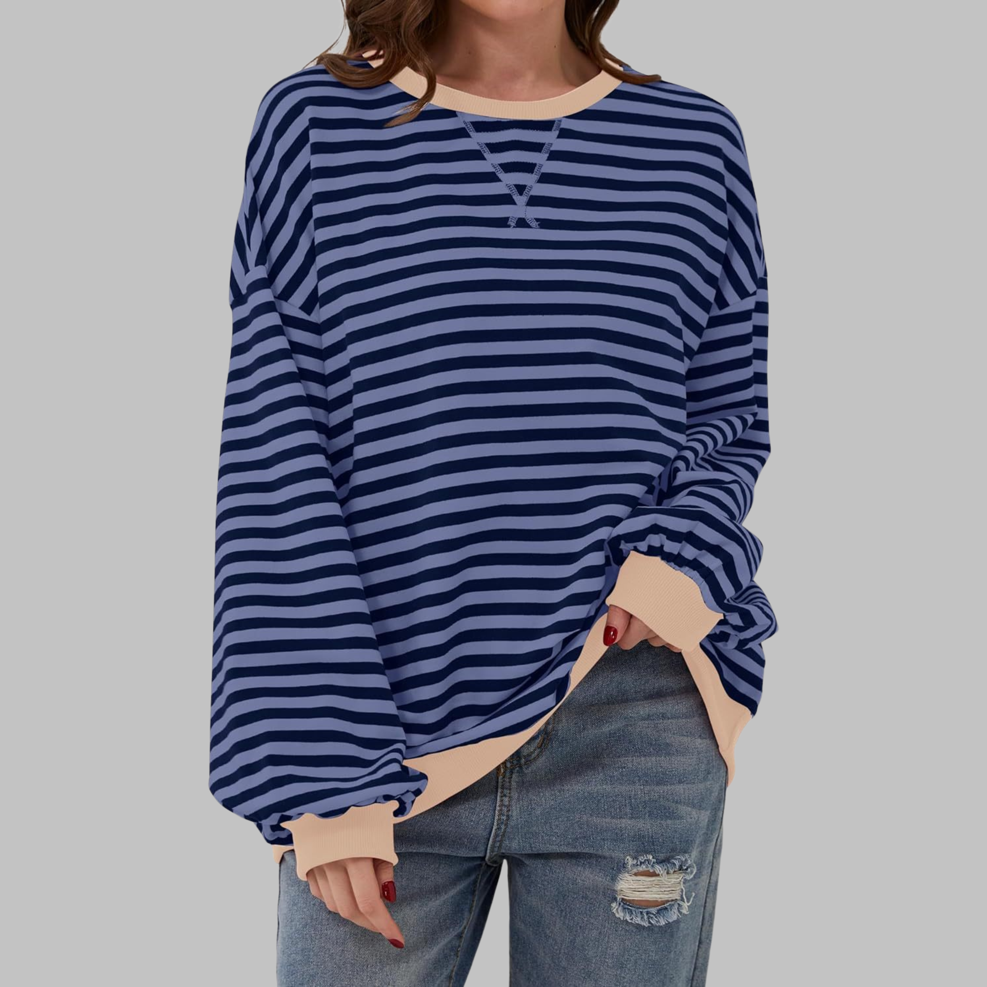 Long Sleeve Striped Shirt Women Round Neck Relaxed Fit