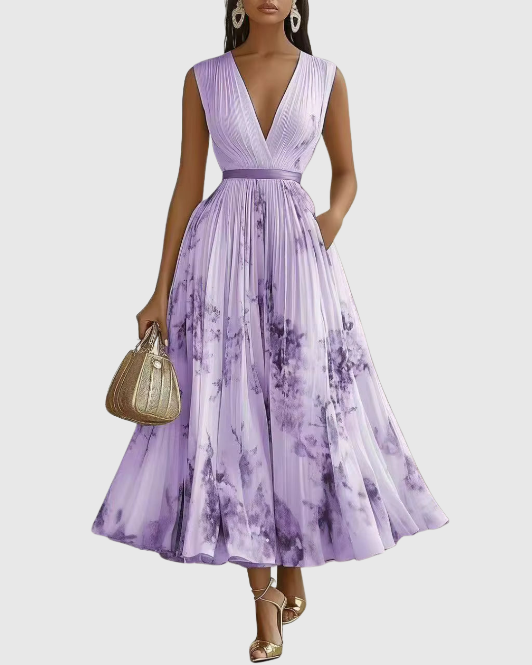 Women's Maxi Dress Cotton Pleated V Neck Floral Print