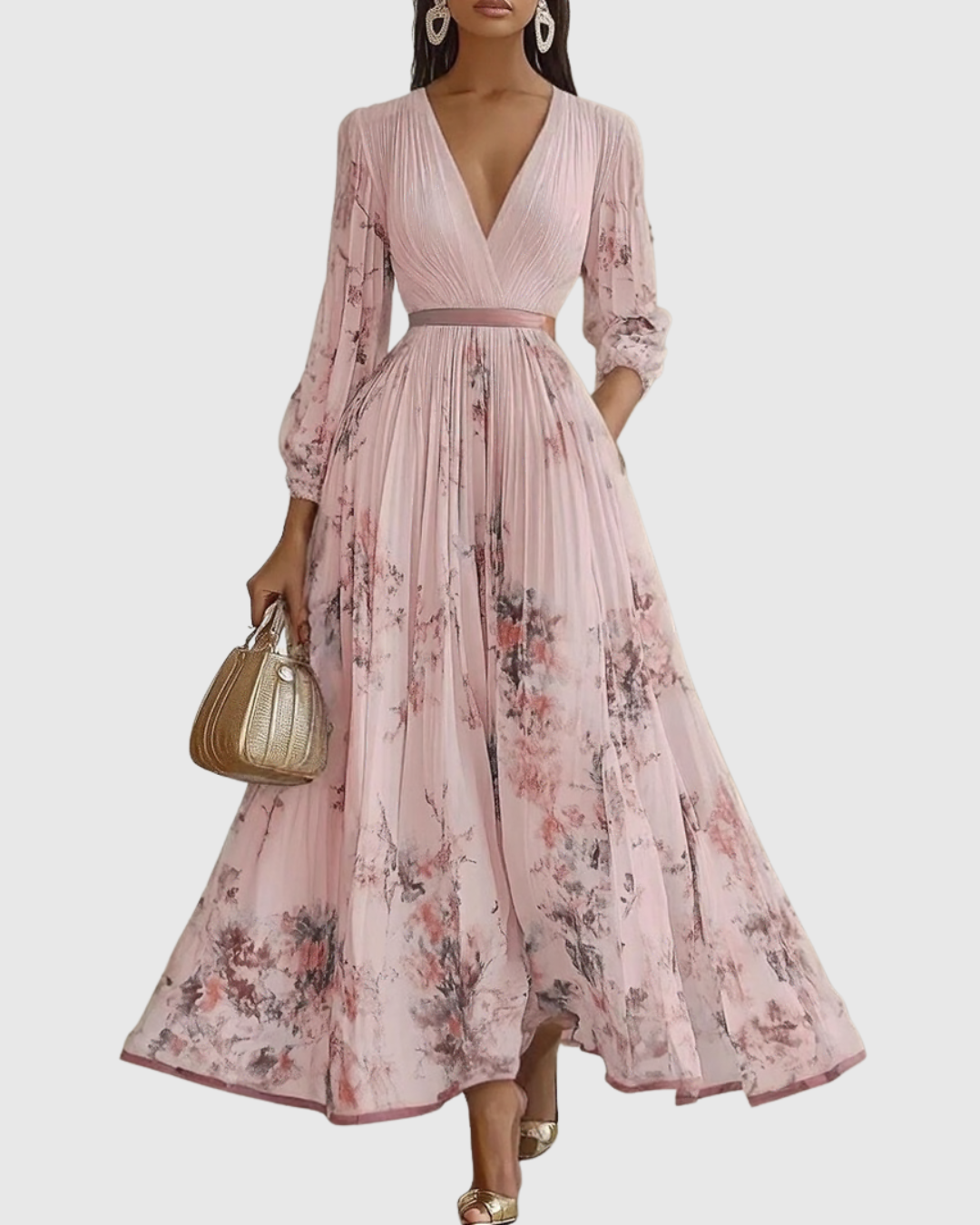 Women's Maxi Dress Cotton Pleated V Neck Floral Print