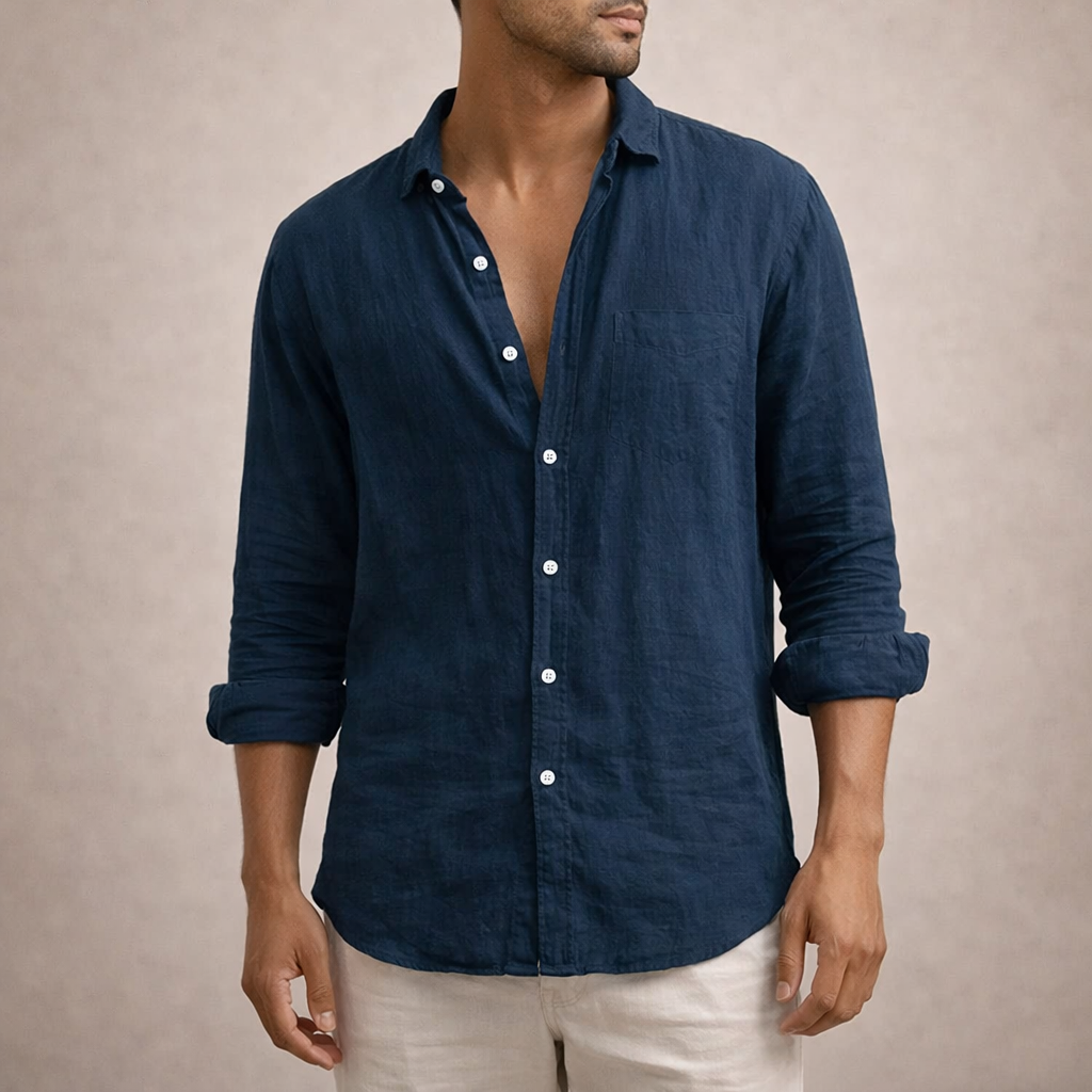 Casual Linen Shirt Men Linen Long Sleeve Open Collar Button Up Straight Fit