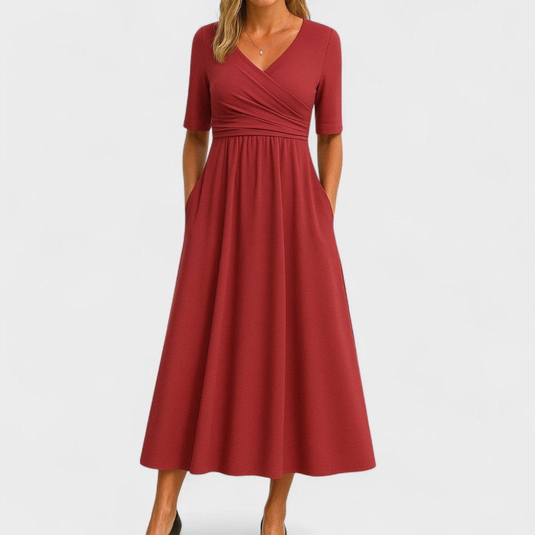 Women's Midi Dress Stretch Fabric Wrap Front Pleated Waist