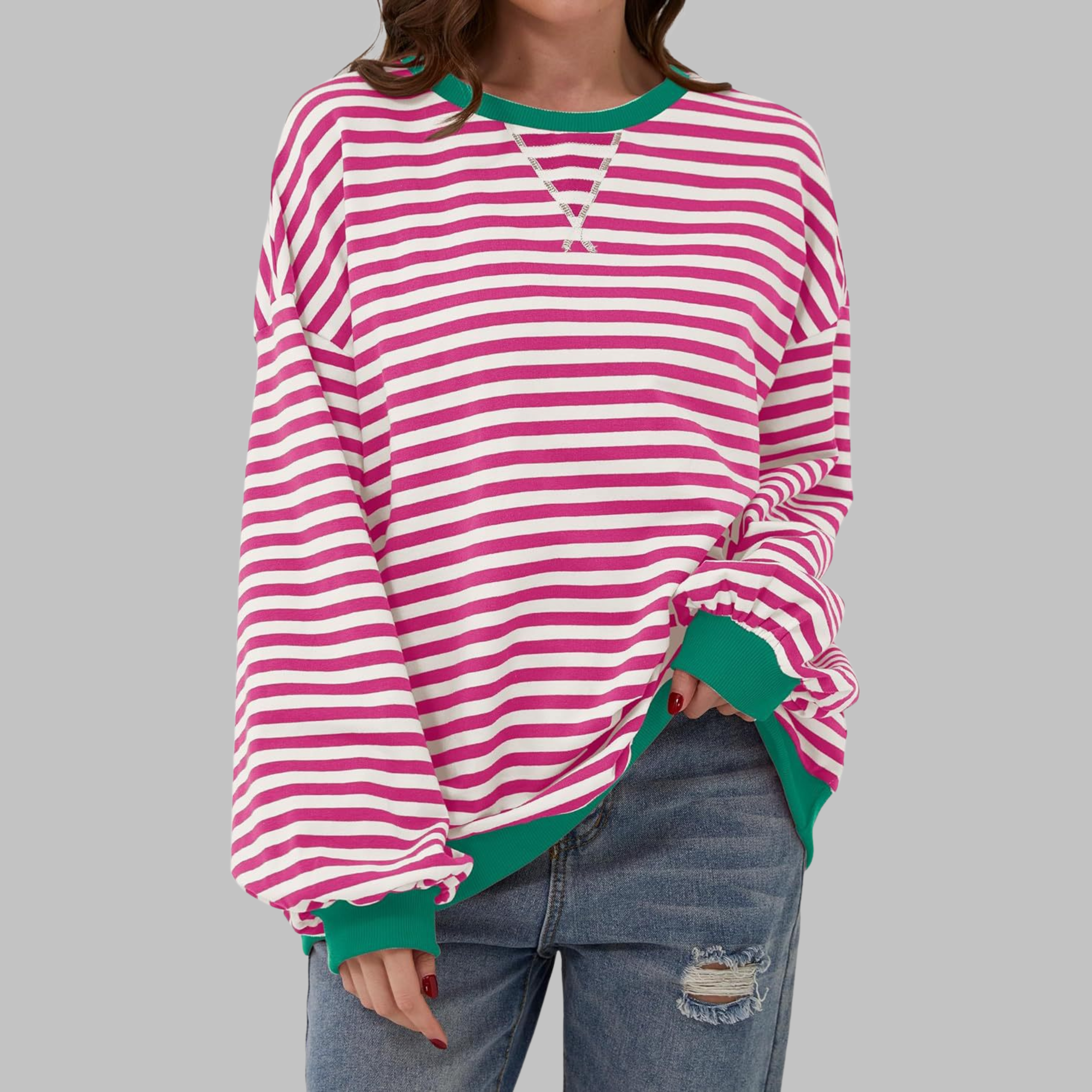 Long Sleeve Striped Shirt Women Round Neck Relaxed Fit