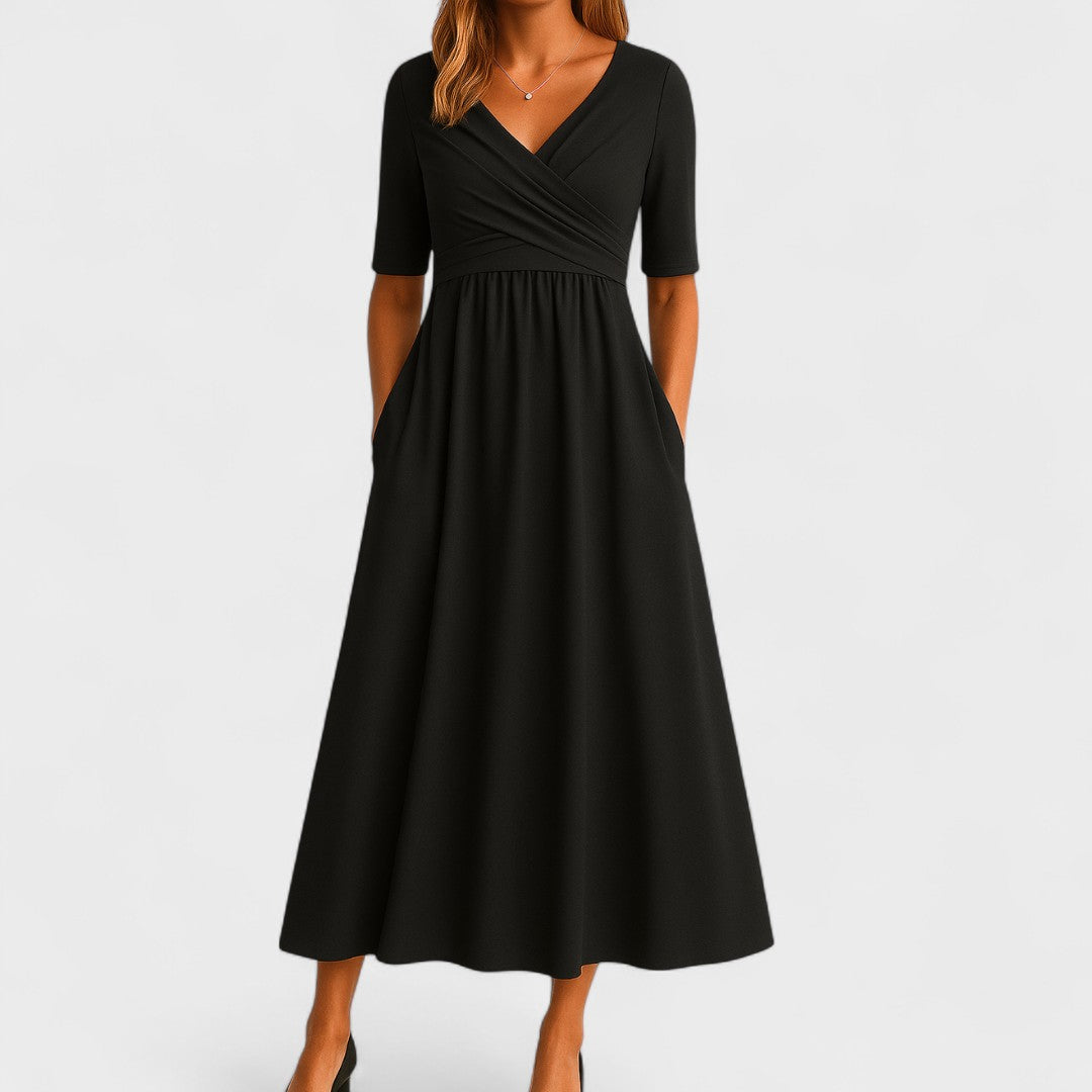 Women's Midi Dress Stretch Fabric Wrap Front Pleated Waist