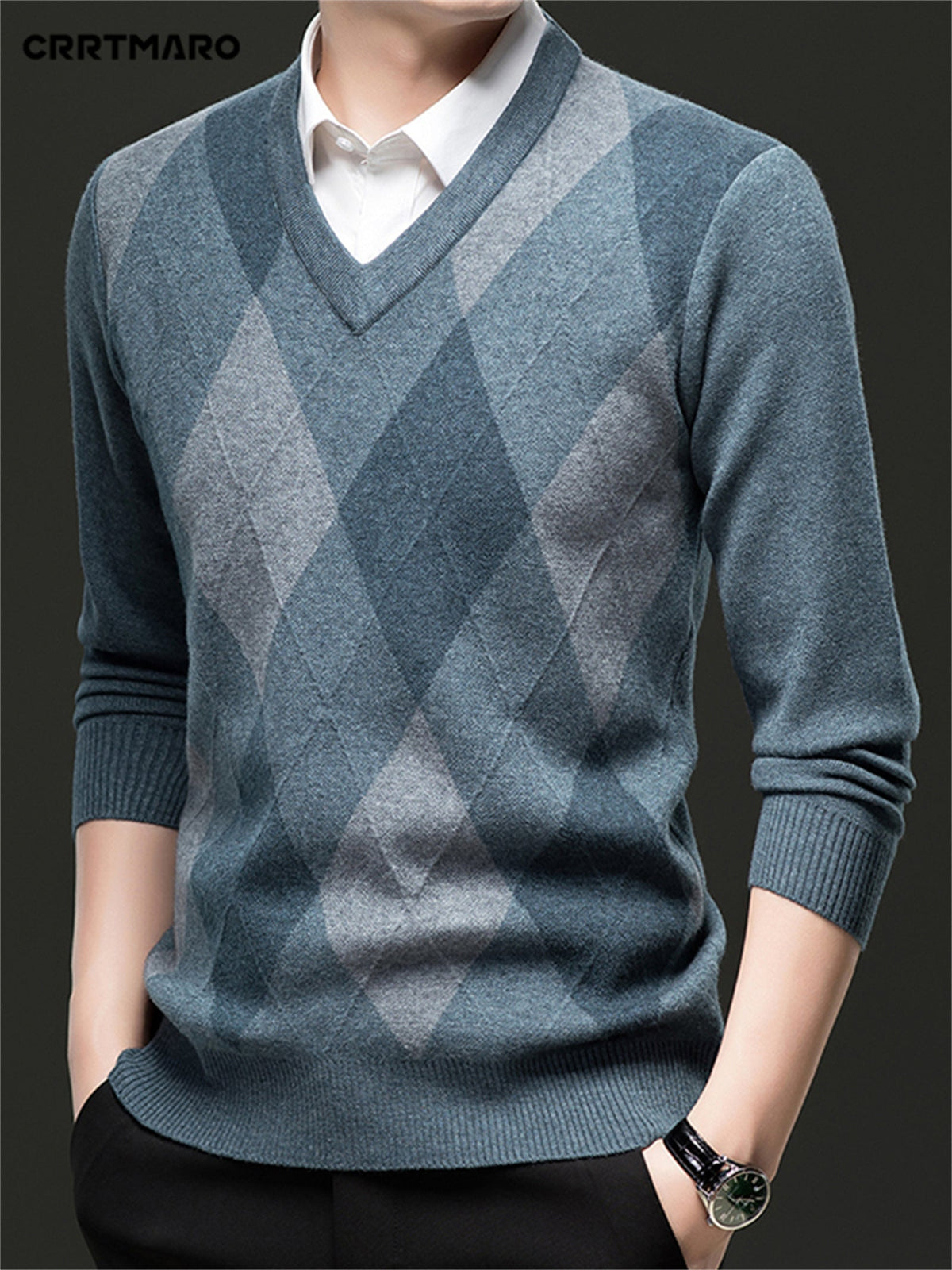 Elias | Men's Classic V-Neck Argyle Pattern Jumper - image 8