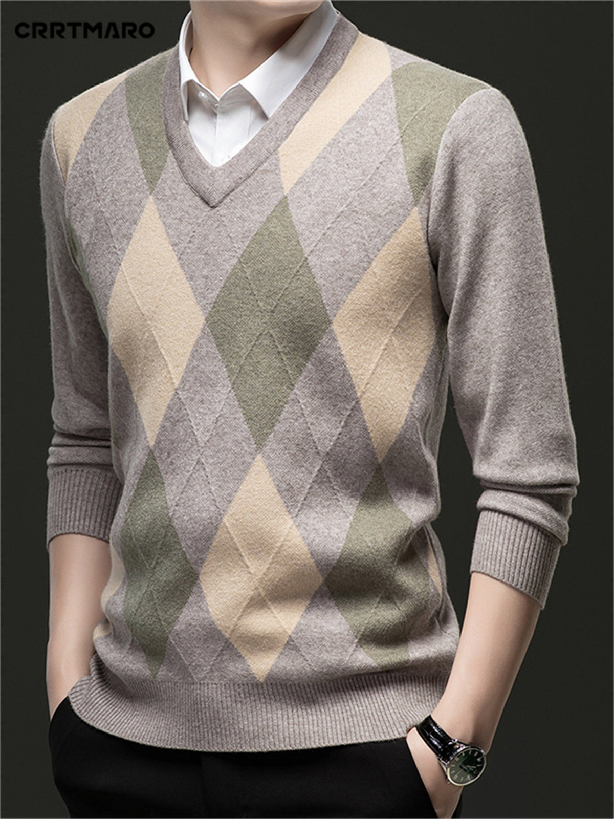 Elias | Men's Classic V-Neck Argyle Pattern Jumper - image 3