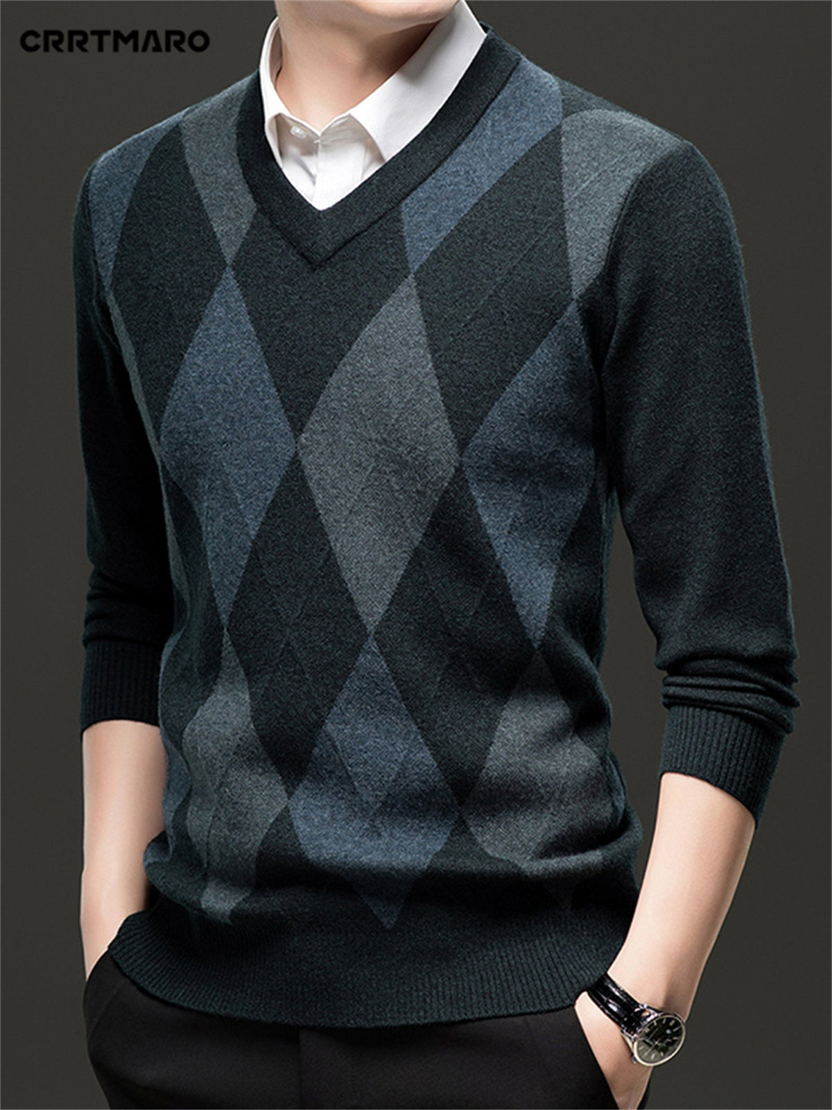 Elias | Men's Classic V-Neck Argyle Pattern Jumper - image 13