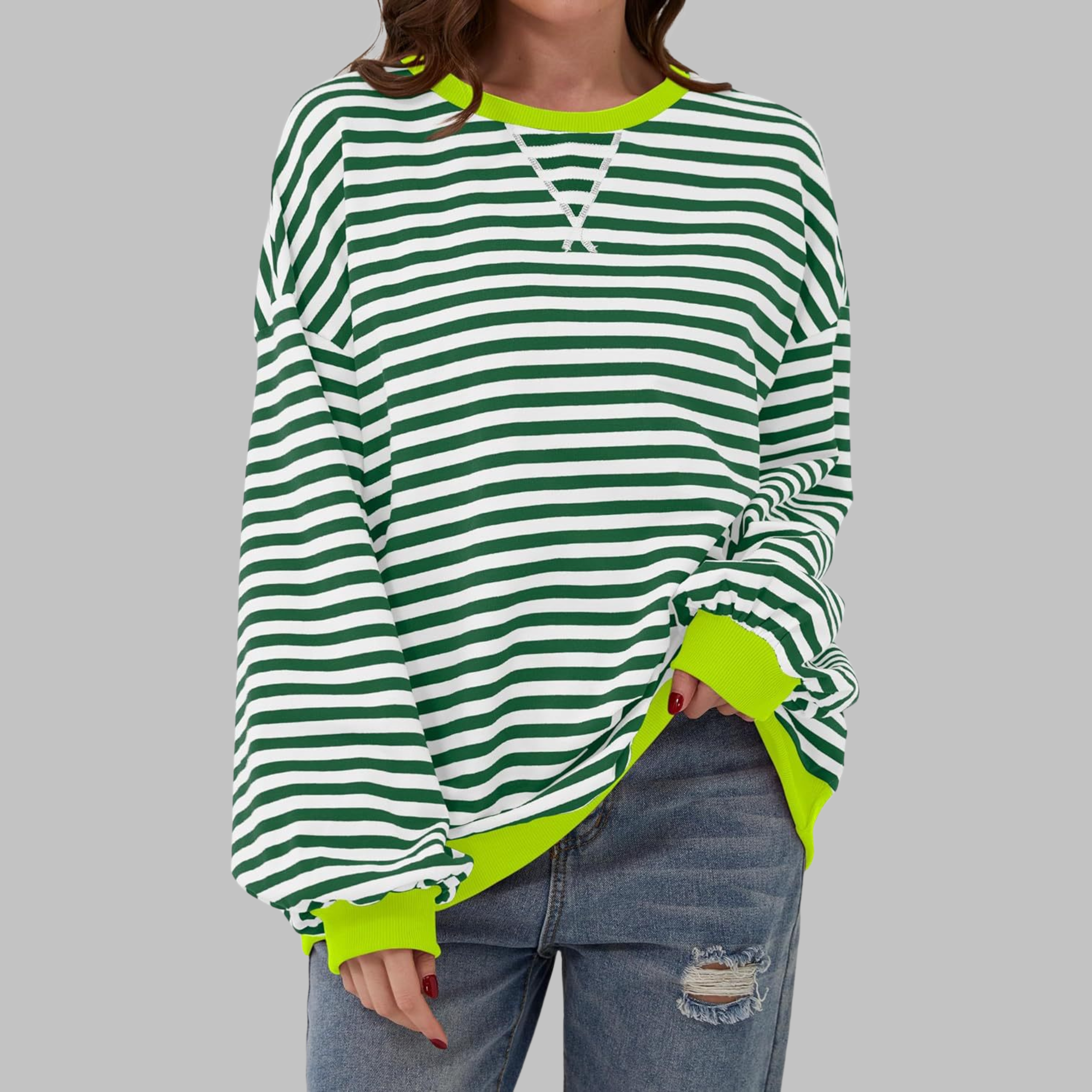 Long Sleeve Striped Shirt Women Round Neck Relaxed Fit