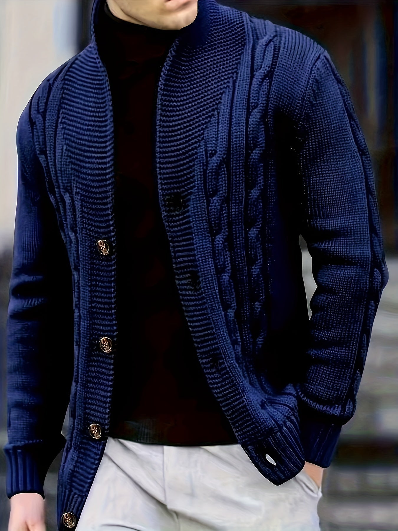 Men's Ribbed Knit Cardigan Wide Collar Regular Fit