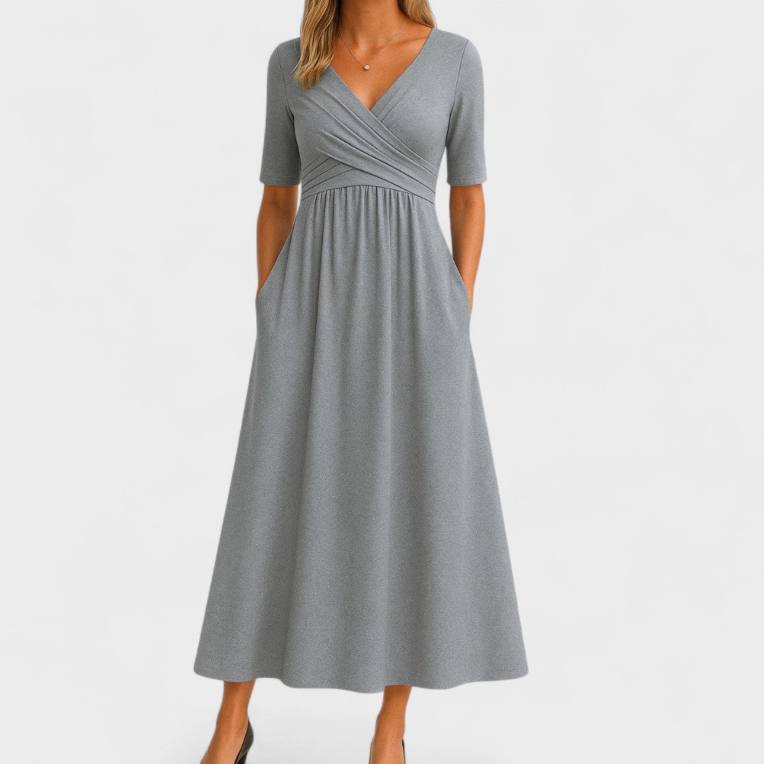Women's Midi Dress Stretch Fabric Wrap Front Pleated Waist