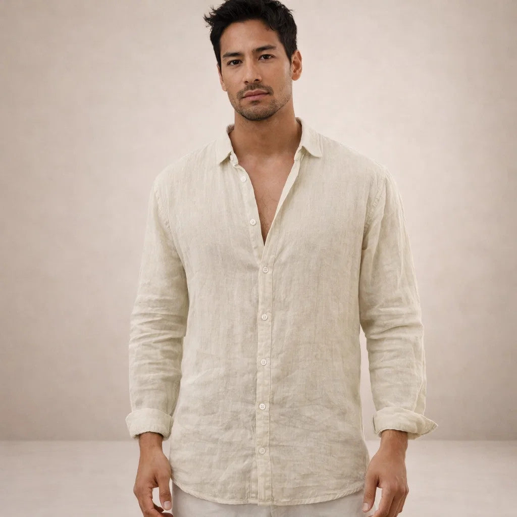 Casual Linen Shirt Men Linen Long Sleeve Open Collar Button Up Straight Fit