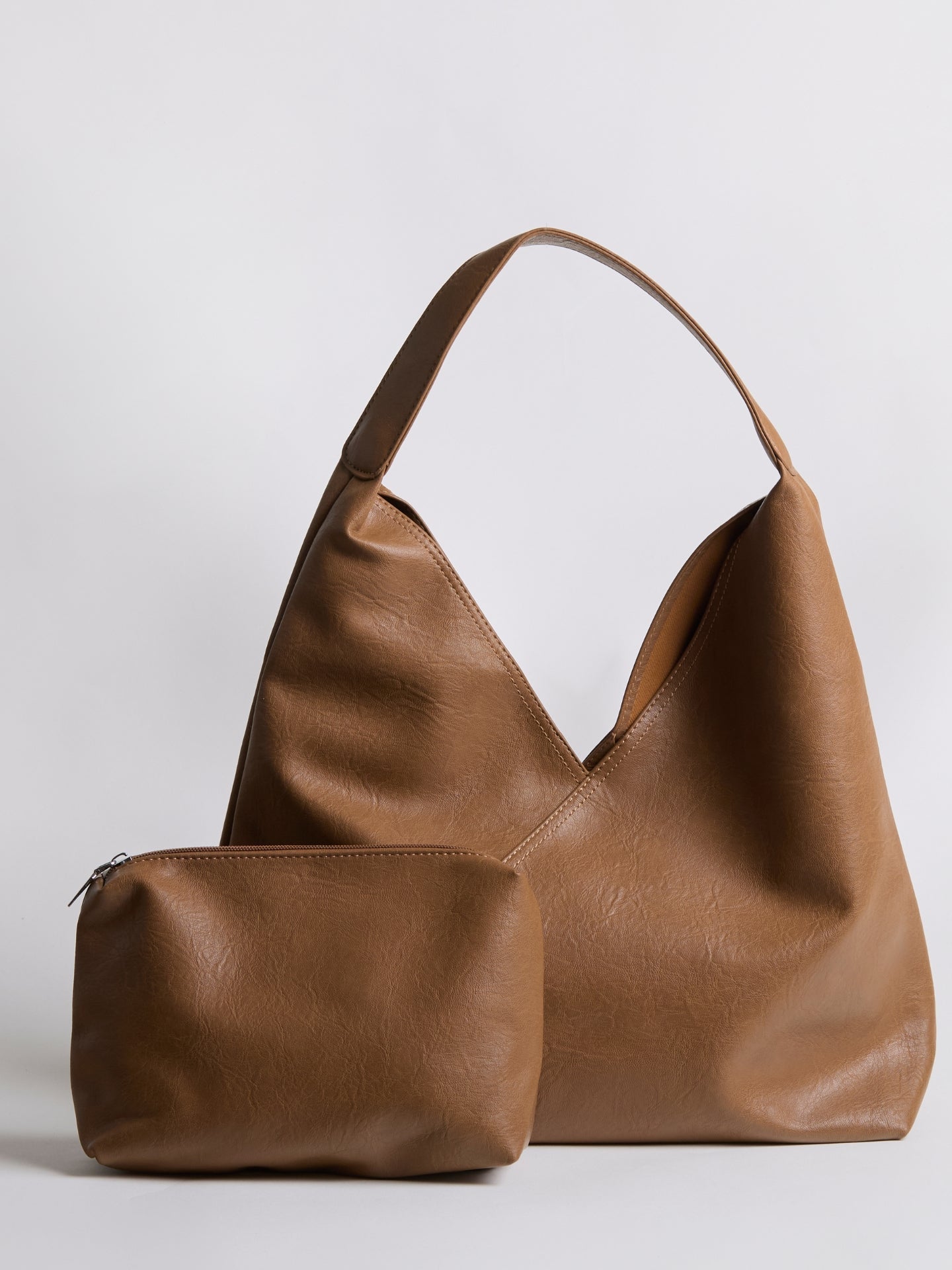Women’s Slouchy Faux Leather Hobo Bag with Wide Shoulder Strap and Detachable Pouch