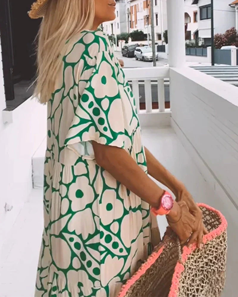Women's Maxi Dress Woven Fabric V Neck Flutter Sleeve Relaxed Fit