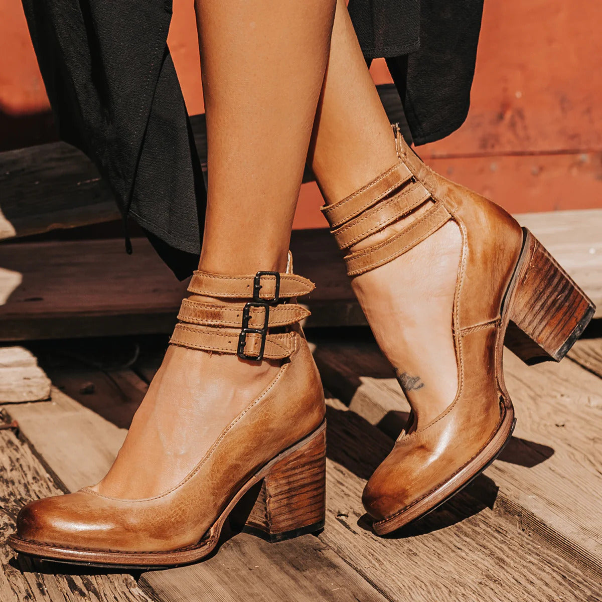 Women's Block Heel Booties Ankle Strap Buckle Detail Leather Casual