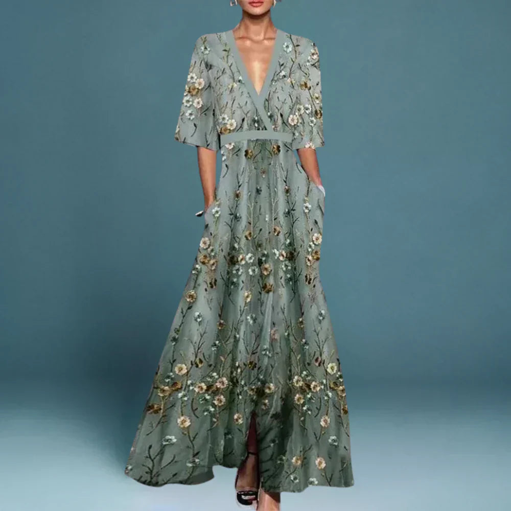 Women's Wrap Maxi Dress Woven Fabric Front Slit