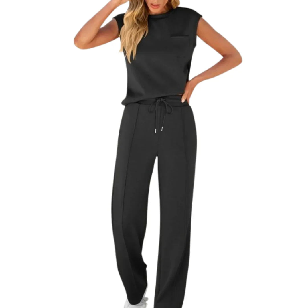 Sleeveless Crop Top Wide Leg Pants Co Ord Set Women Ribbed Fabric Drawstring Waist