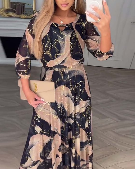 Printed Chiffon Maxi Dress Women Lightweight Breathable Fabric A Line Round Neck