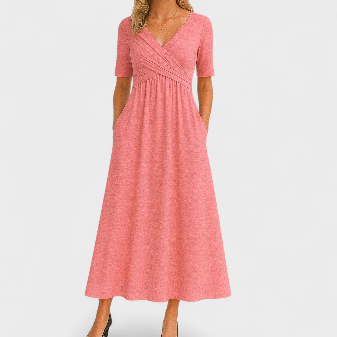 Women's Midi Dress Stretch Fabric Wrap Front Pleated Waist