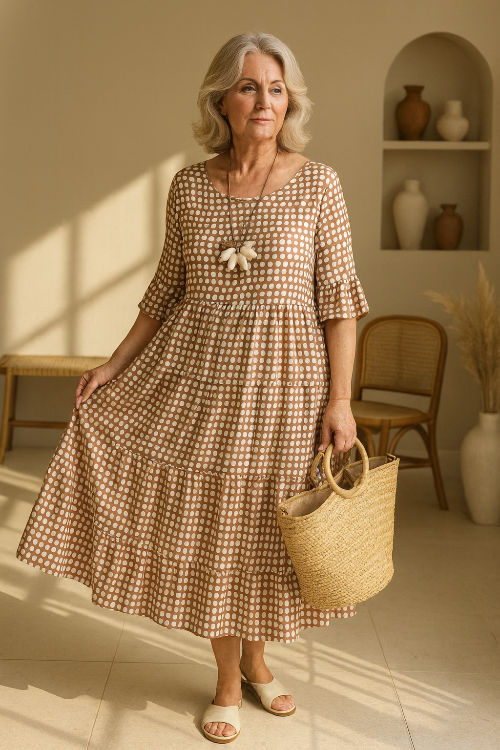Short Sleeve Midi Dress Women Soft Breathable Blend Round Neck Relaxed Flow