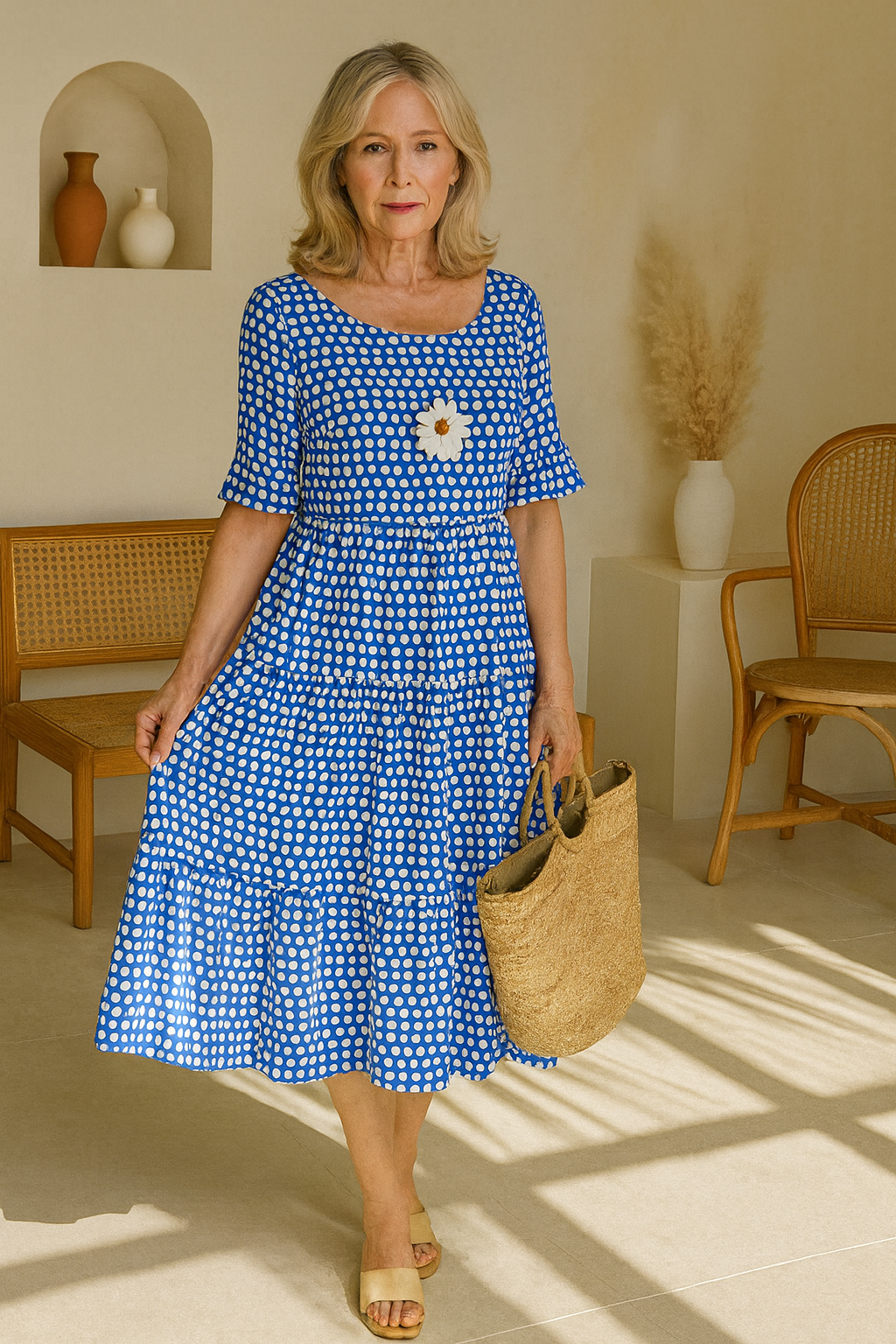 Short Sleeve Midi Dress Women Soft Breathable Blend Round Neck Relaxed Flow