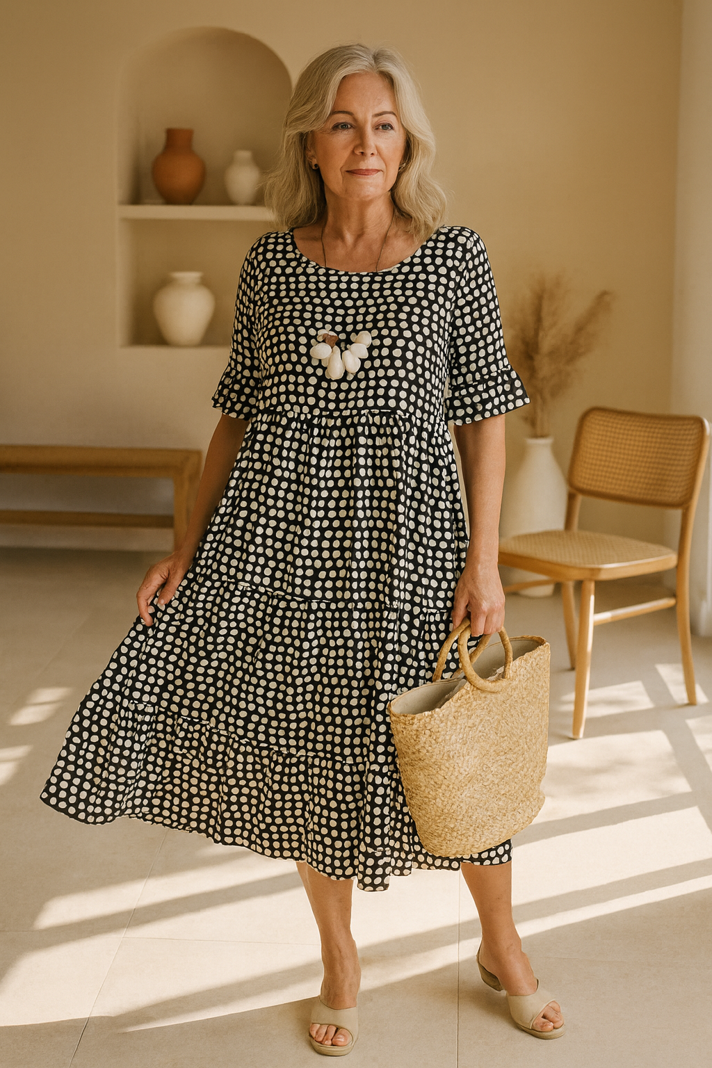 Short Sleeve Midi Dress Women Soft Breathable Blend Round Neck Relaxed Flow