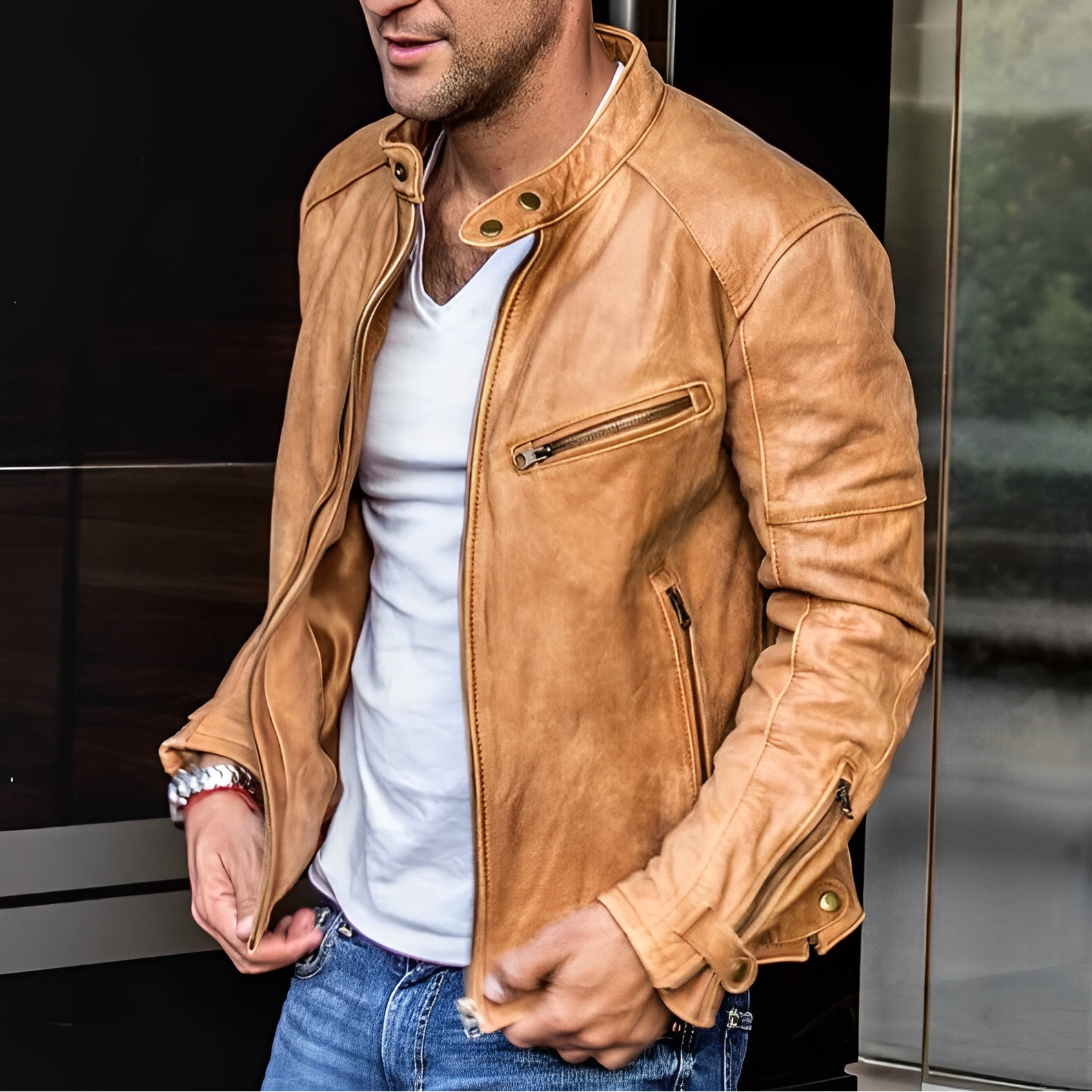 Men's Leather Jacket Zip Front Notch Collar