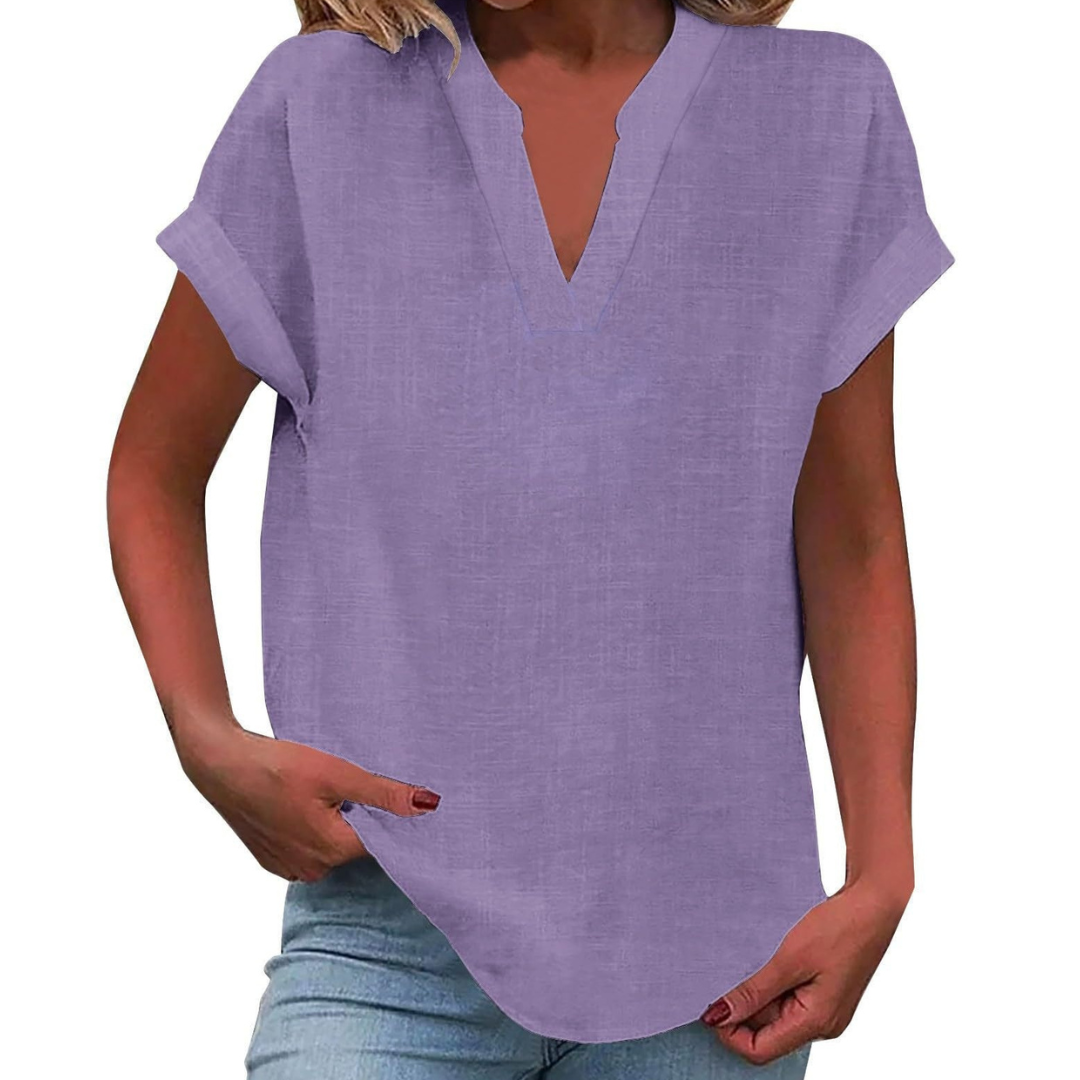 Women's V Neck Blouse Woven Fabric Short Sleeve Curved Hem