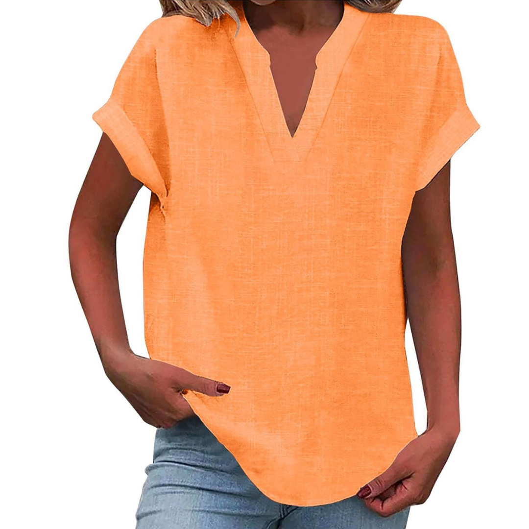 Women's V Neck Blouse Woven Fabric Short Sleeve Curved Hem