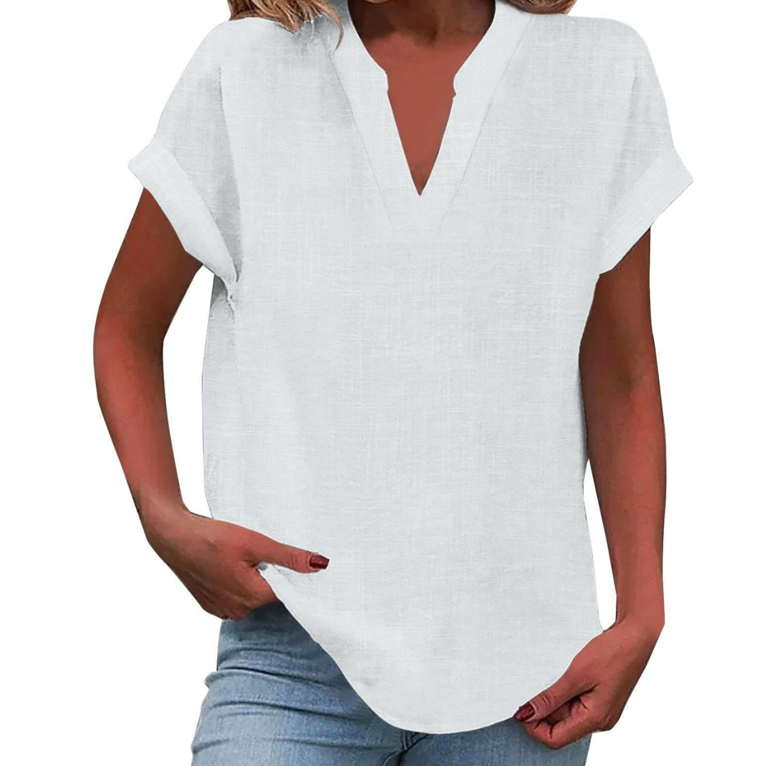 Women's V Neck Blouse Woven Fabric Short Sleeve Curved Hem
