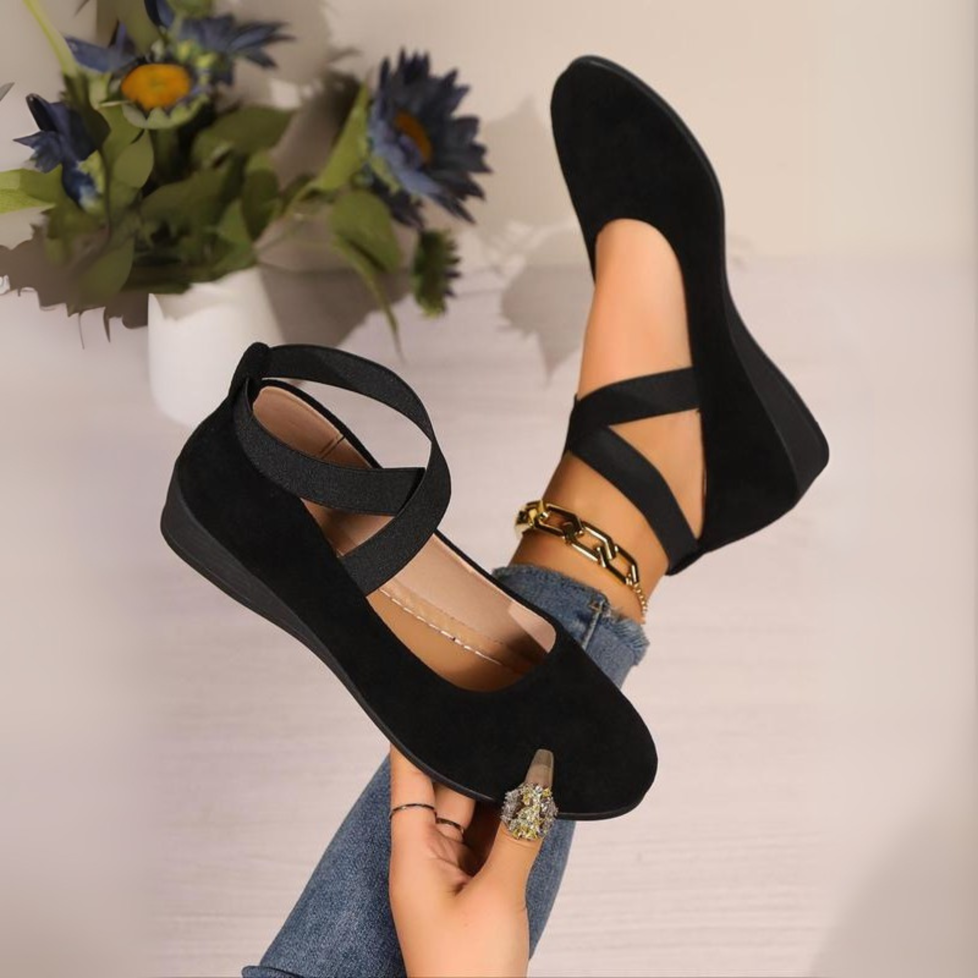 Closed Toe Wedge Ballerina Shoes Women Faux Leather Slip On Cushioned