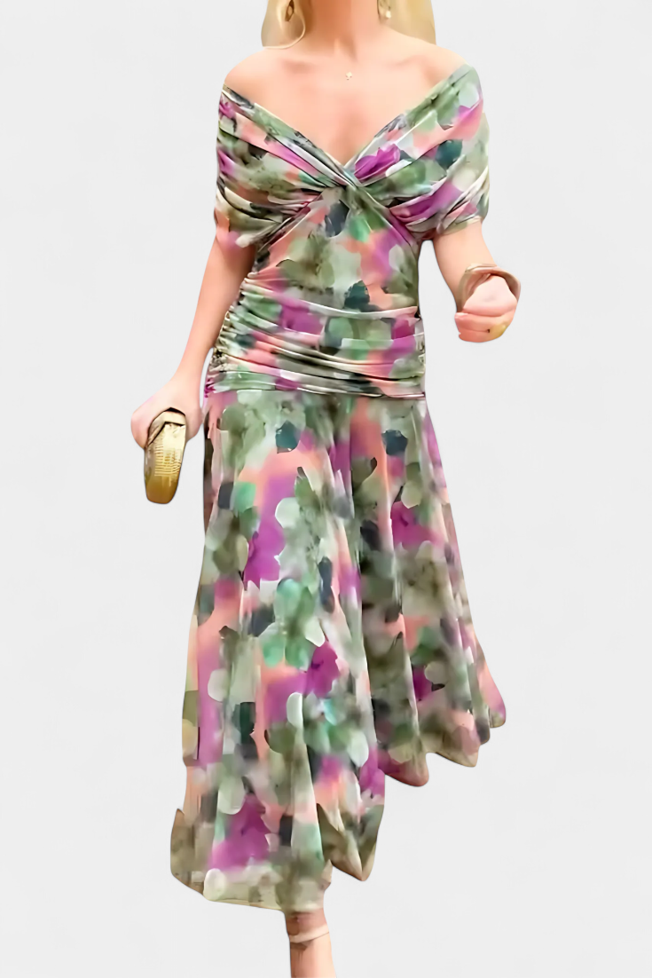 Floral Maxi Dress Women Soft Breathable Blend V Neck Flowing Fit