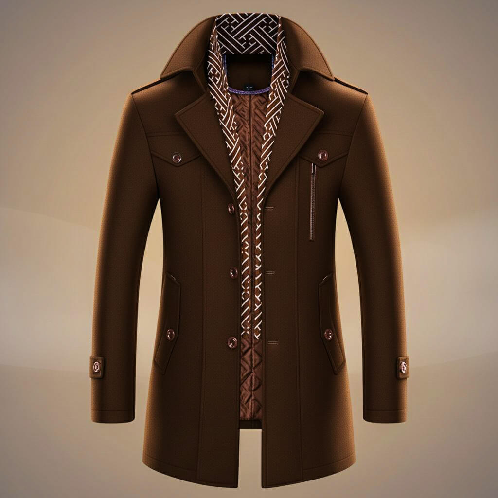 Bramwell | Men's Single-Breasted Overcoat with Scarf Detail, Notch Lapels and Chest Pockets