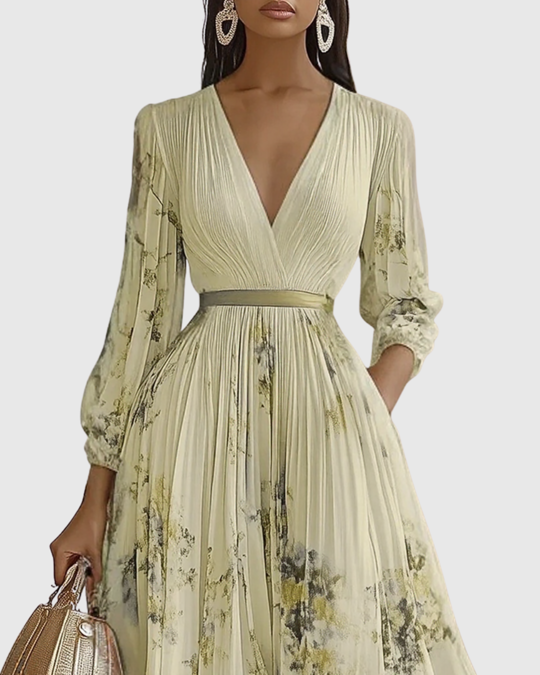 Women's Maxi Dress Cotton Pleated V Neck Floral Print