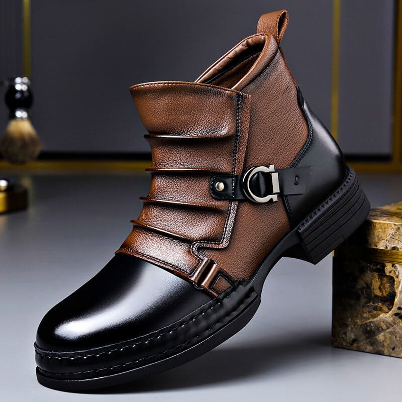 Colby | Men's Double Buckle Ankle Boots with Block Heel and Two-Tone Panelling