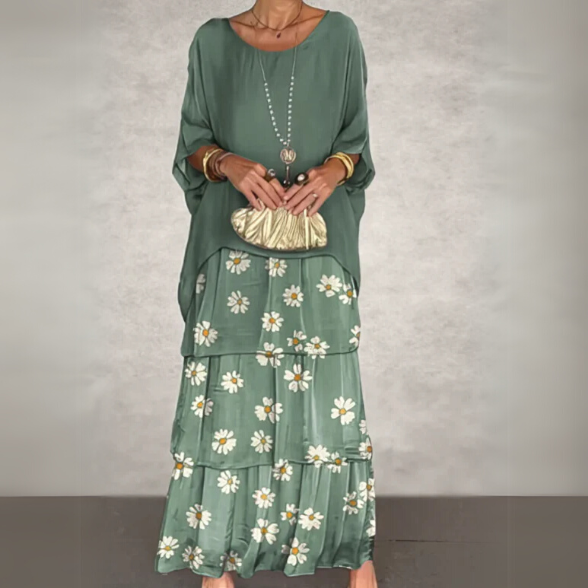 Women's Maxi Dress Woven Fabric Tiered Skirt Long Sleeve