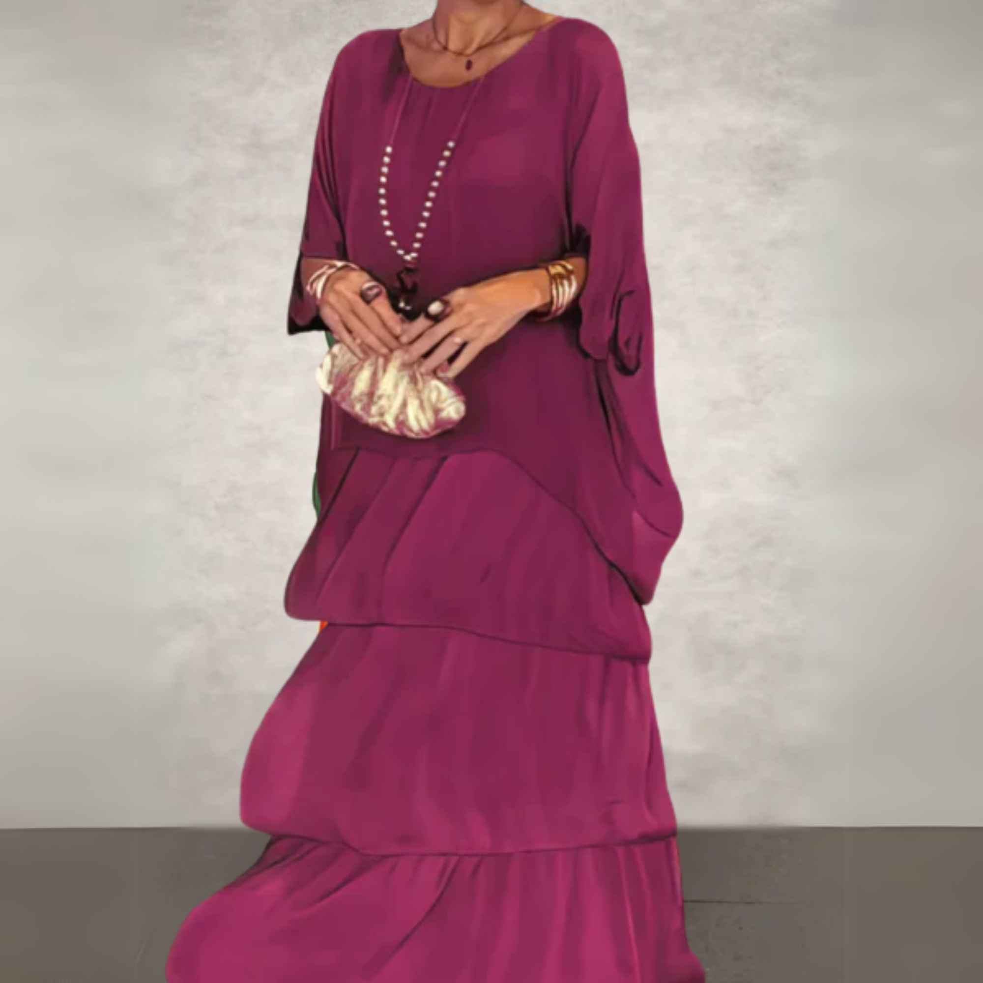 Women's Maxi Dress Woven Fabric Tiered Skirt Long Sleeve