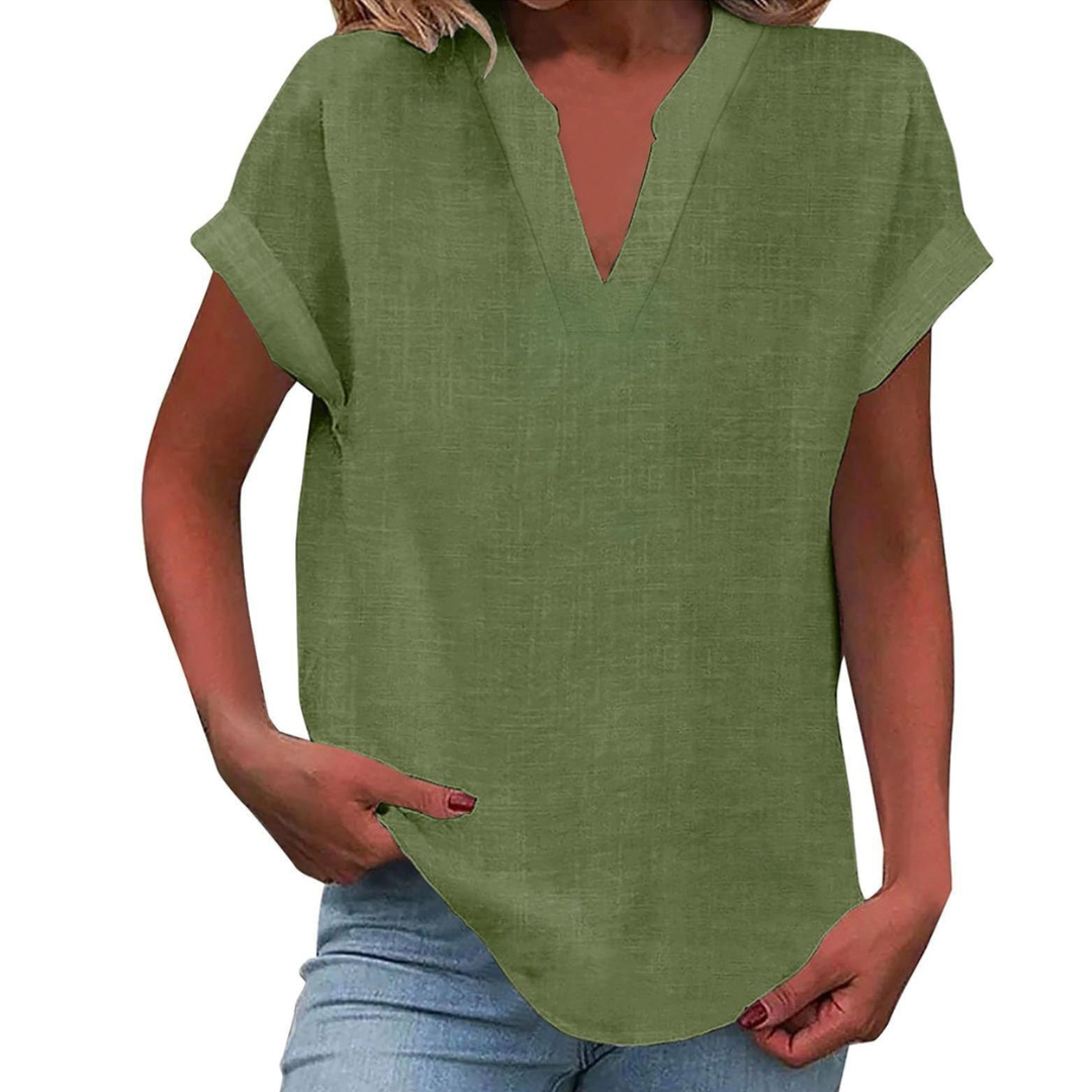 Women's V Neck Blouse Woven Fabric Short Sleeve Curved Hem