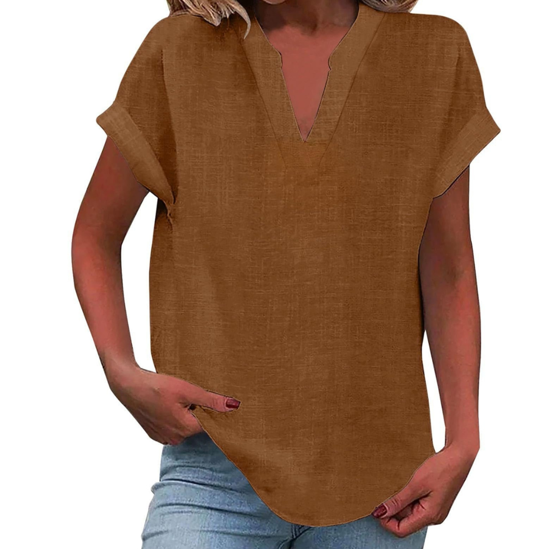 Women's V Neck Blouse Woven Fabric Short Sleeve Curved Hem