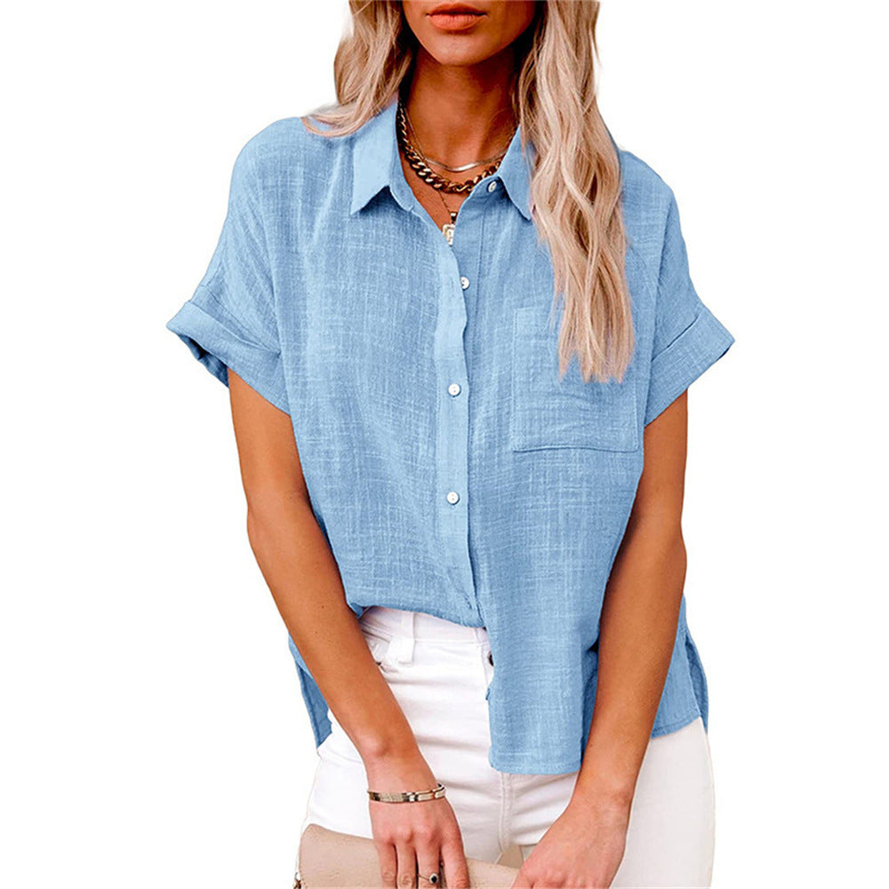 Women's Button Down Shirt Woven Fabric Short Sleeve Collar