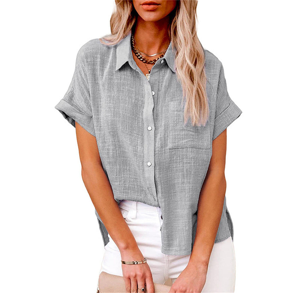 Women's Button Down Shirt Woven Fabric Short Sleeve Collar