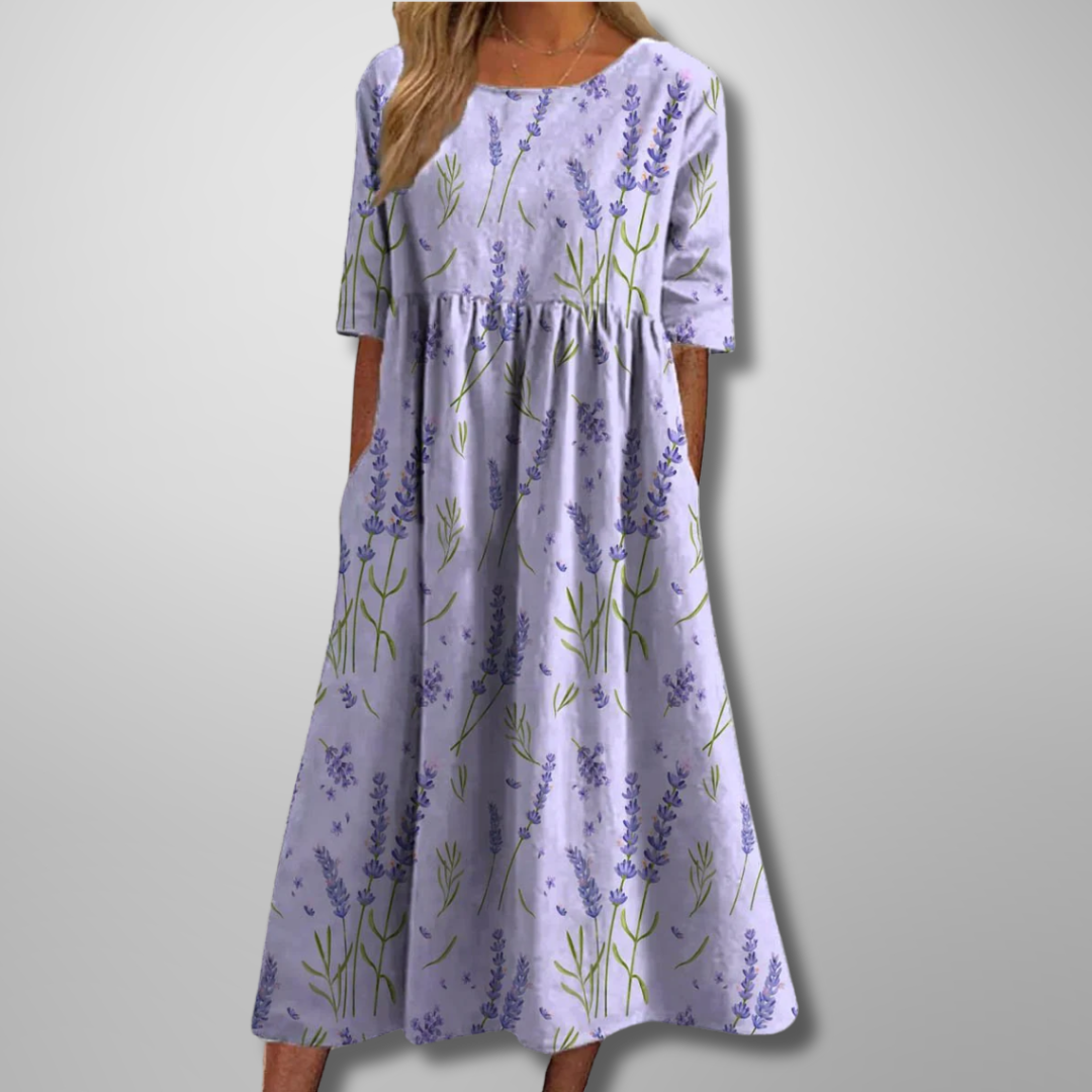 Midi Dress Women Cotton Floral Print Short Sleeve