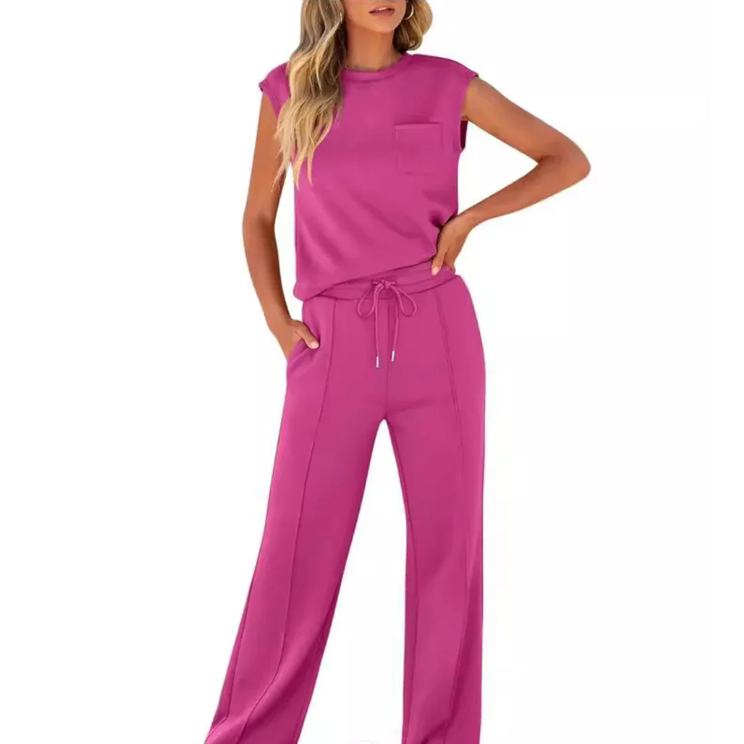 Sleeveless Crop Top Wide Leg Pants Co Ord Set Women Ribbed Fabric Drawstring Waist