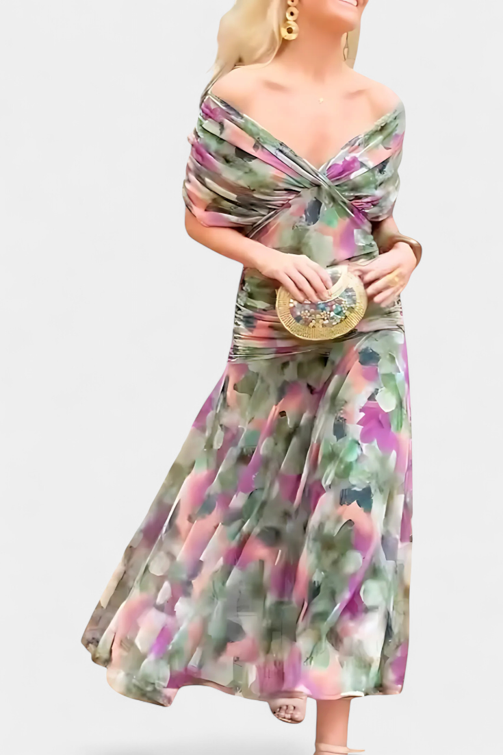 Floral Maxi Dress Women Soft Breathable Blend V Neck Flowing Fit