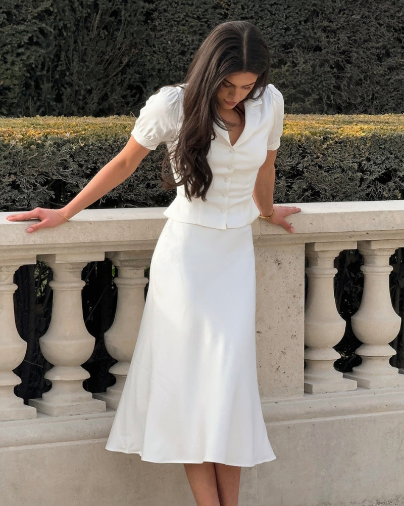 Pearl / Satin Co-Ord Set with Blouse & A-Line Midi Skirt