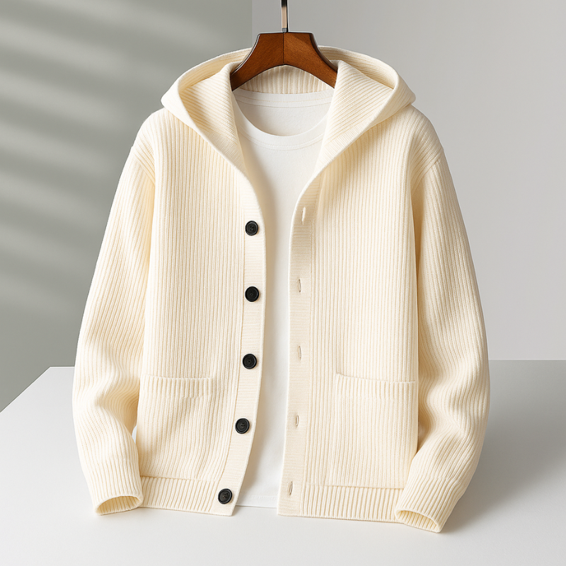 Max / Men’s Wool Knit Cardigan with Hood and Button Closure